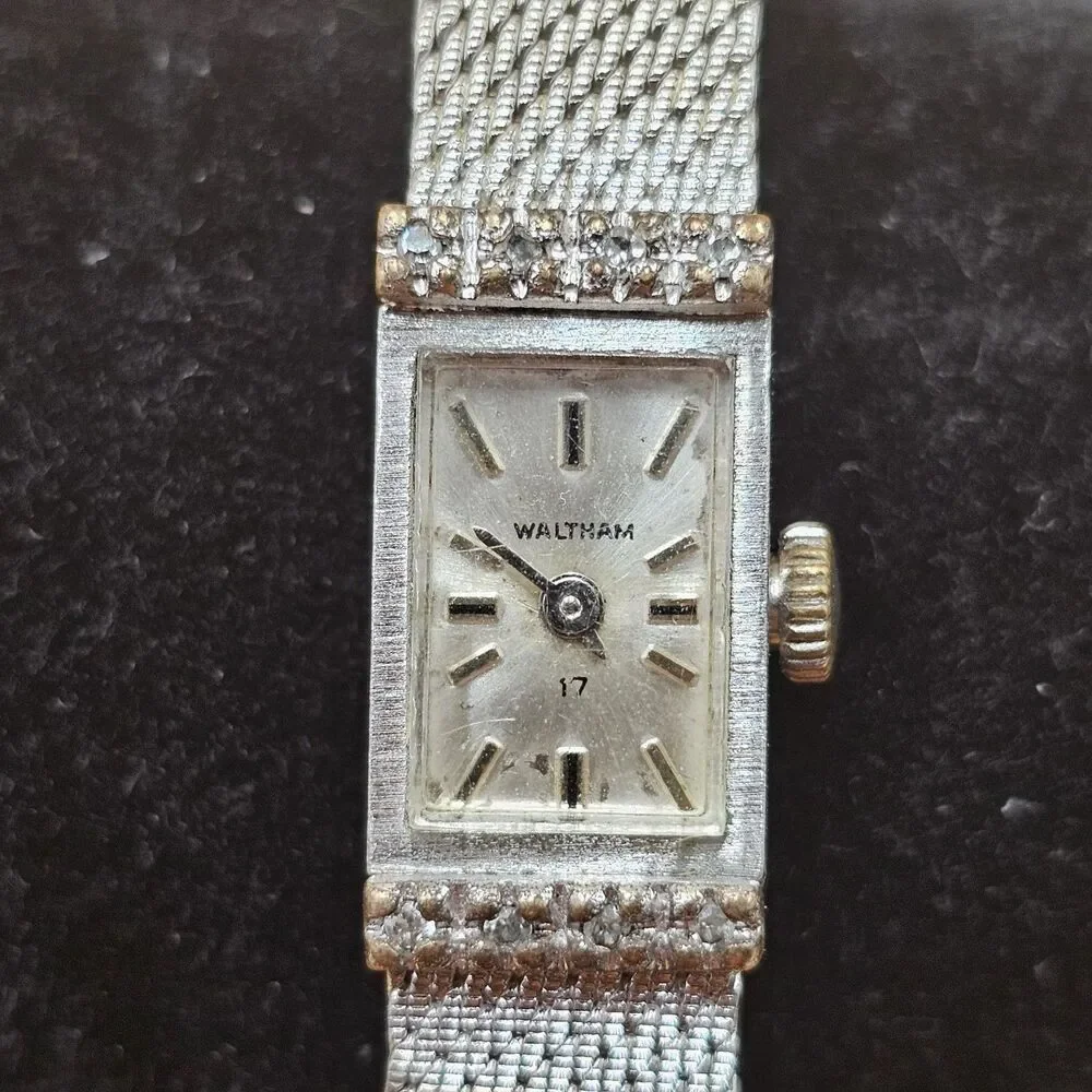Vintage Waltham 17J Diamond Bezel Ladies Tank Watch For Repair